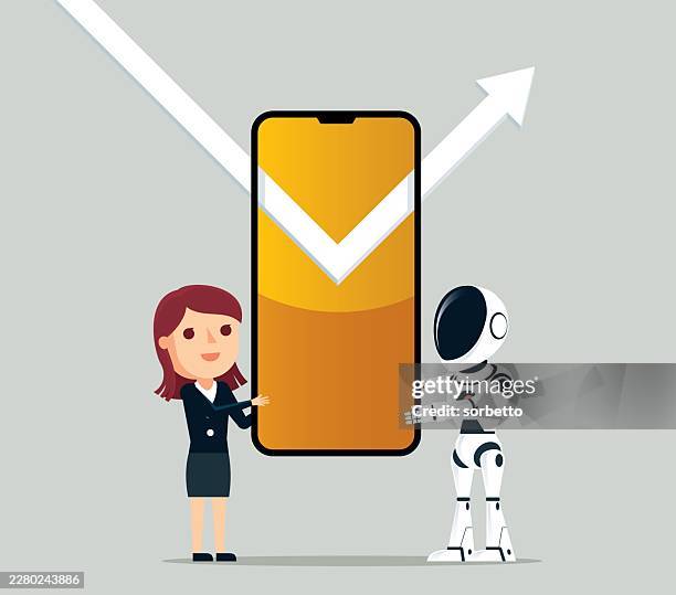 robot and businesswoman - teamwork - challenge accepted stock illustrations