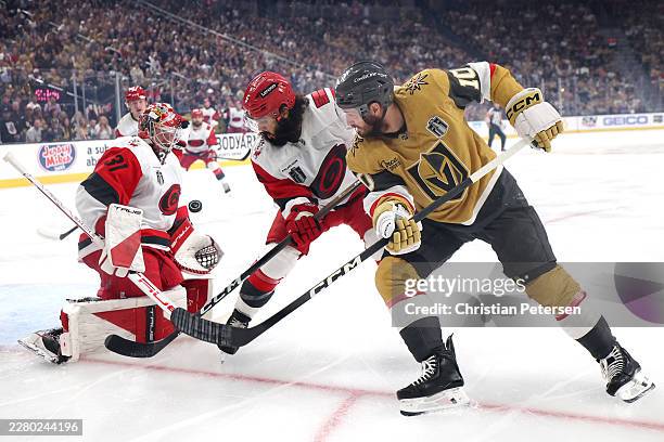 Frederik Andersen of the Carolina Hurricanes makes a save against Colton Sissons of the Vegas Golden Knights during the first period in Game Three of...