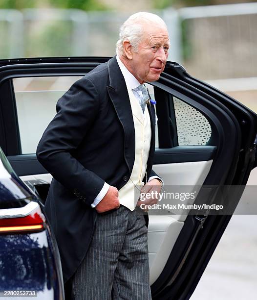 King Charles III attends the wedding of Peter Phillips and Harriet Sperling at All Saints' Church on June 6, 2026 in Kemble, England. Peter Phillips,...