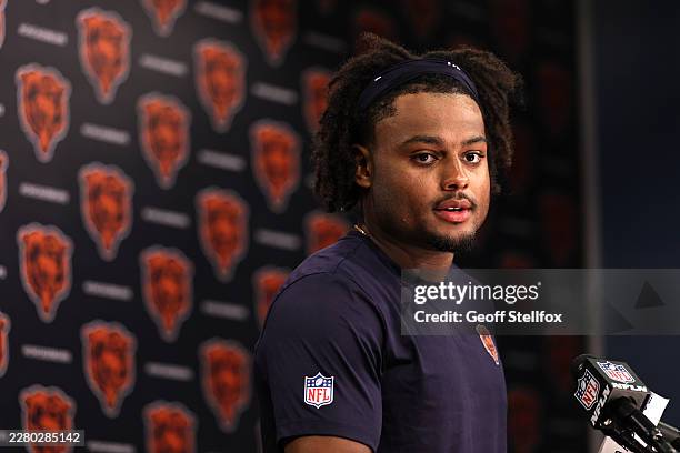 Coby Bryant of the Chicago Bears speaks to media after Chicago Bears Minicamp at Halas Hall on June 10, 2026 in Lake Forest, Illinois.