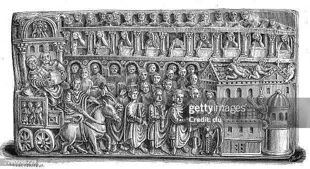 byzantine ivory relief with a solemn relic procession in constantinople — clergy and courtiers carry a reliquary toward the sacred city architecture - aya sofya stock illustrations