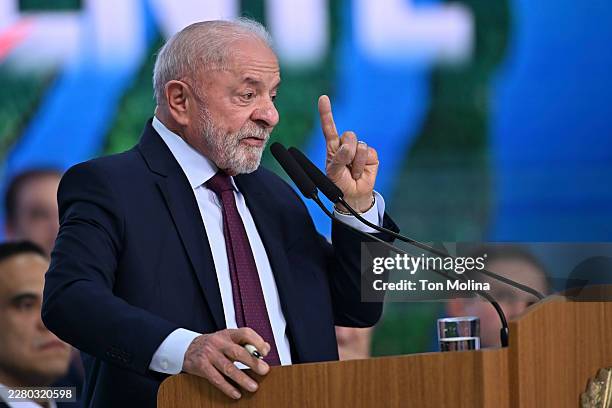 President of Brazil Luiz Inácio Lula da Silva speaks during a press conference at the Announcement Ceremony for World Environment Day at the Planalto...