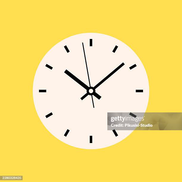 minimalist round clock icon with off white dial isolated on yellow background - one minute countdown timer stock illustrations