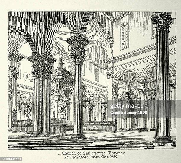 history renaissance architecture, church of san spirito, florence, 15th century, vintage illustration 19th century - florence italy stock illustrations