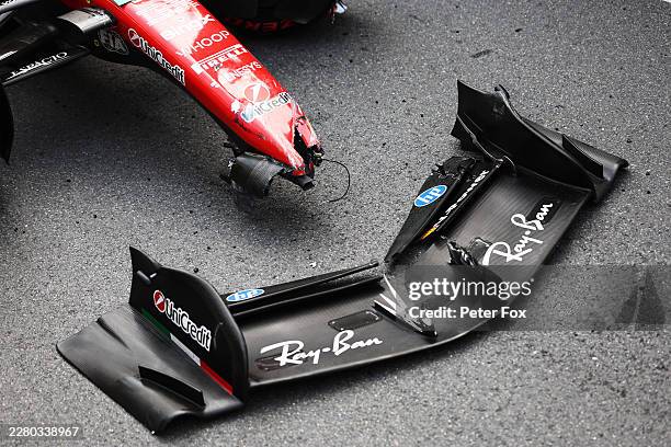 The damaged car of Charles Leclerc of Monaco and Scuderia Ferrari during the F1 Grand Prix of Monaco at Circuit de Monaco on June 07, 2026 in...