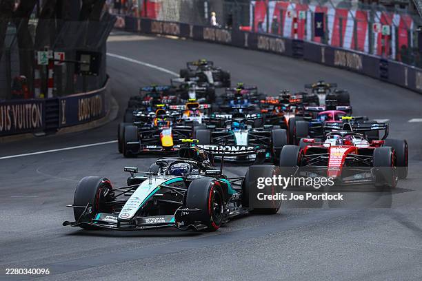 Andrea Kimi Antonelli of Italy driving the Mercedes AMG Petronas F1 Team W17 leads the field at the restart during the F1 Grand Prix of Monaco at...