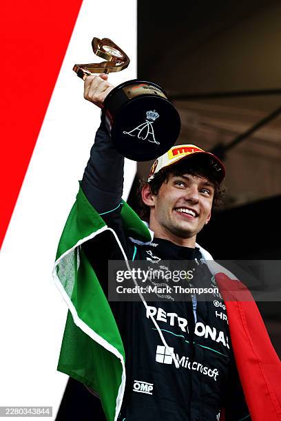 Race winner Andrea Kimi Antonelli of Italy and Mercedes AMG Petronas F1 Team lifts his trophy on the podium during the F1 Grand Prix of Monaco at...