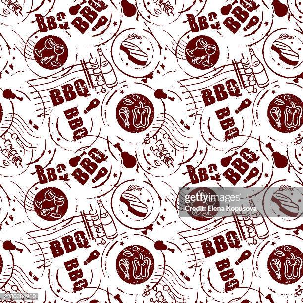 barbecue stamp set in retro style, postal stamp, seamless retro background. - barbeque sauce stock illustrations