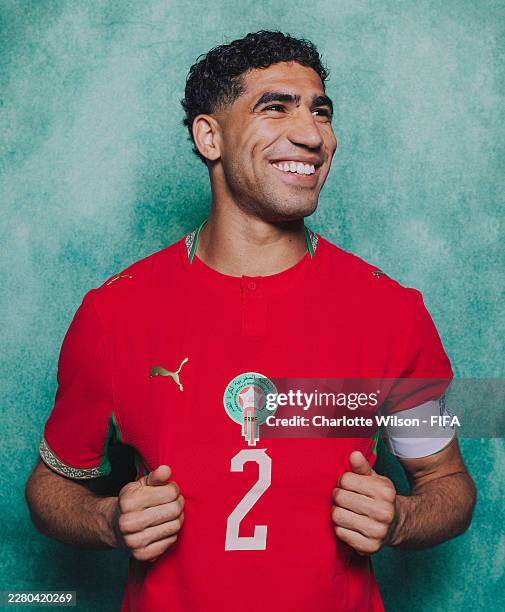 Achraf Hakimi of Morocco poses for a portrait during the official FIFA World Cup 2026 portrait session on June 06, 2026 in Warren, New Jersey.