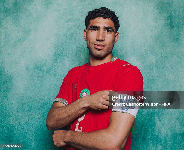 Achraf Hakimi of Morocco poses for a portrait during the official FIFA World Cup 2026 portrait session on June 06, 2026 in Warren, New Jersey.