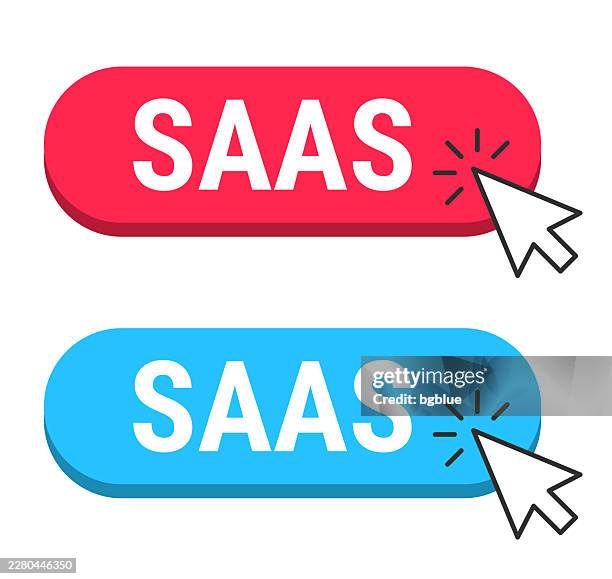 saas - software as a service - red and blue buttons with cursor on white background - saas stock illustrations