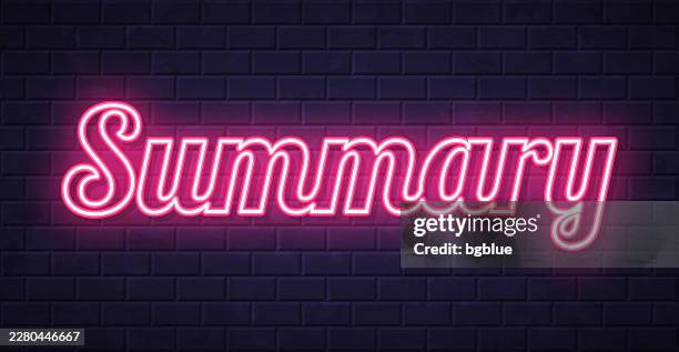 summary - glowing neon text on brick wall background - eviction stock illustrations