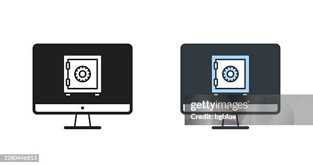 desktop computer with safe box. icons for design - editable icon - desktop computer screen close stock illustrations