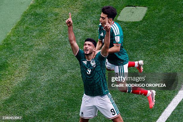 Mexico's forward Raul Jimenez celebrates scoring his team's second goal during the 2026 World Cup Group A football match between Mexico and South...