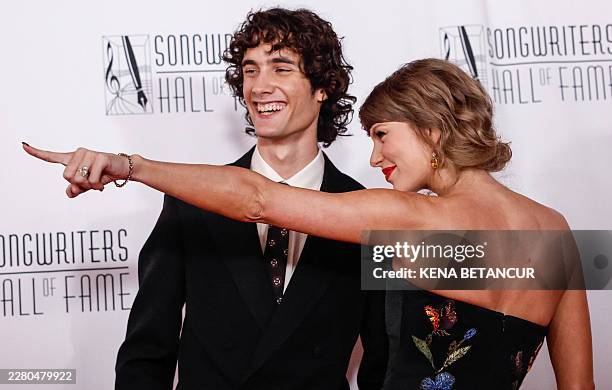 Honoree US singer-songwriter Taylor Swift and US singer-songwriter Sombr attend the 55th Annual Songwriters Hall of Fame Induction and Awards Gala in...