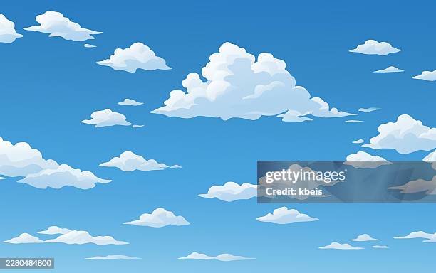 fluffy white clouds in bright blue sky vector background - cloud sky stock illustrations