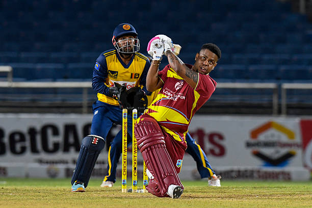 Shimron Hetmyer of West Indies hits 6 during the first Twenty20 international cricket match between West Indies and Sri Lanka at Sabina Park in...