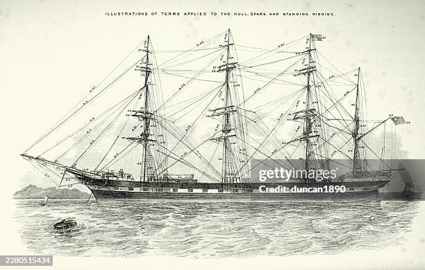 sailing ship, mast, rigging, hull, spars, vintage illustration 19th century - hull stock illustrations