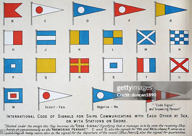 maritime distance signals, code, flags, for sending messages, vintage illustration 19th century 1890s - semaphore flag stock illustrations