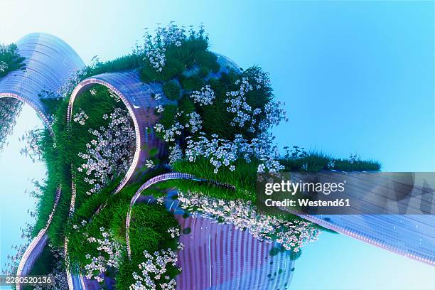 futuristic 3d glass biotech structure with plants and flowers - vertical garden stock illustrations