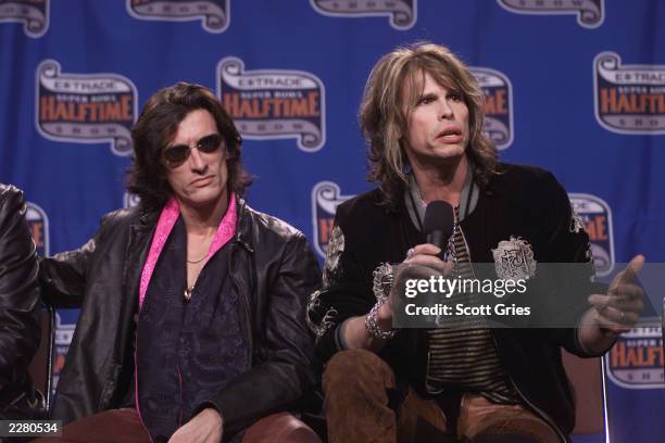 Steven Tyler, on right, and Joe Perry of Aerosmith during a press conference at the Tampa Convention Center to announce plans for the Superbowl...