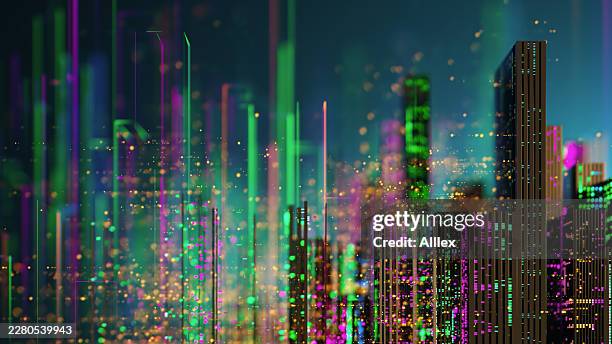 futuristic neon city skyline with digital data lights and abstract technology visualization - smart grid stock pictures, royalty-free photos & images