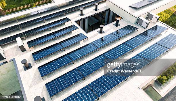solar panels installed on the modern home rooftop for renewable energy - solar installation stock illustrations
