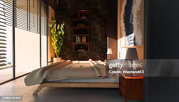 cozy modern bedroom with panoramic window and minimalist design - soft light stock illustrations