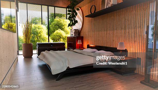 modern minimalist bedroom with panoramic window and wooden floor - floor pillows stock illustrations