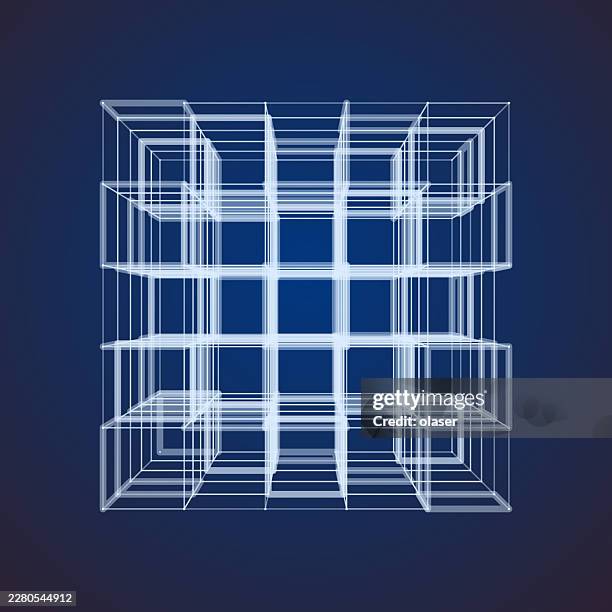 white wireframe cube grid with multiple smaller cubes arranged in three dimensions on a dark blue background. - science technology engineering math stock illustrations