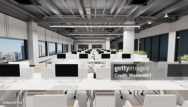 modern open office with computer workstations and indoor plants - empty office stock illustrations