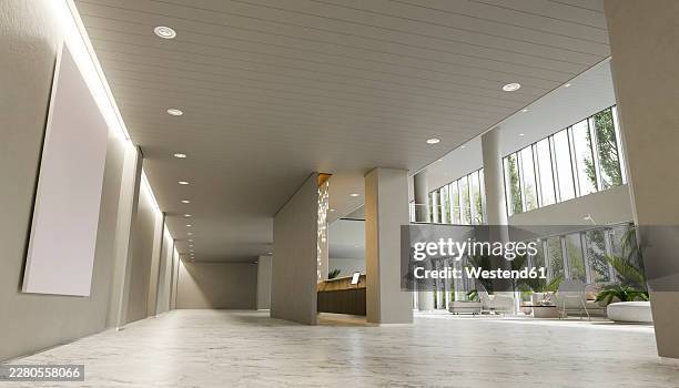 modern minimalistic hotel lobby interior with marble floor and plants - lobby rendering stock illustrations
