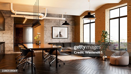 Modern loft interior with dining table sofa and large windows Modern loft interior with dining table sofa and large windows