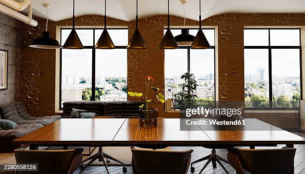 modern home dining area with large windows and daylight - hanging lights stock illustrations