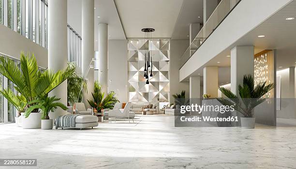 modern minimalistic hotel lobby interior with reception and marble floor - lobby rendering stock illustrations