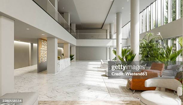 modern minimalist hotel lobby with marble floor and indoor plants - marble foyer stock illustrations