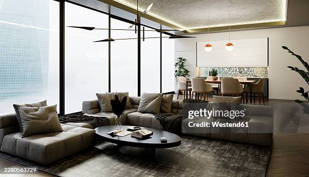 modern open space interior with large living room - empty coffee table stock illustrations