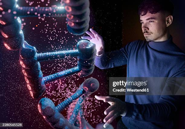 engineer interacting with futuristic dna hologram in dark laboratory - simulation lab stock illustrations