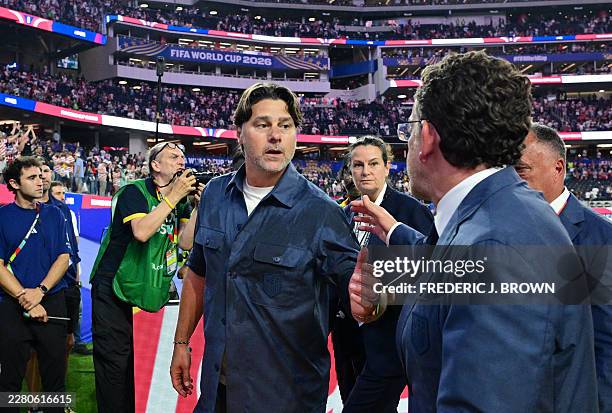 Argentine head coach Mauricio Pochettino gestures after winning the 2026 World Cup Group D football match between USA and Paraguay at the Los Angeles...