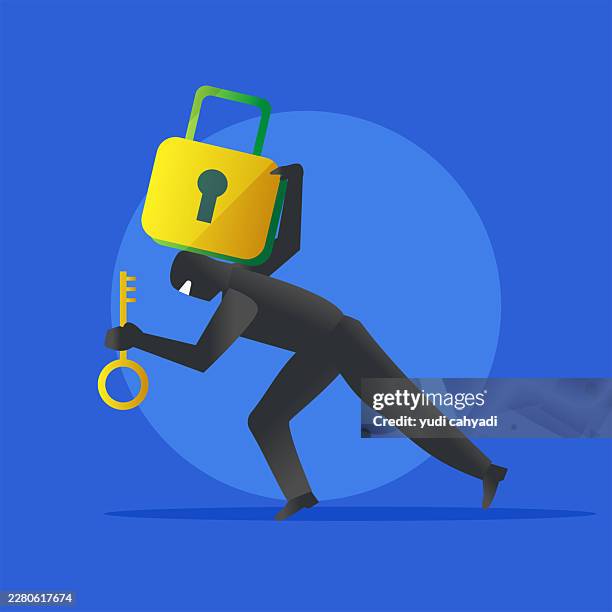 cyber criminal thief holding a padlock and key flat vector illustration - data breach security stock illustrations