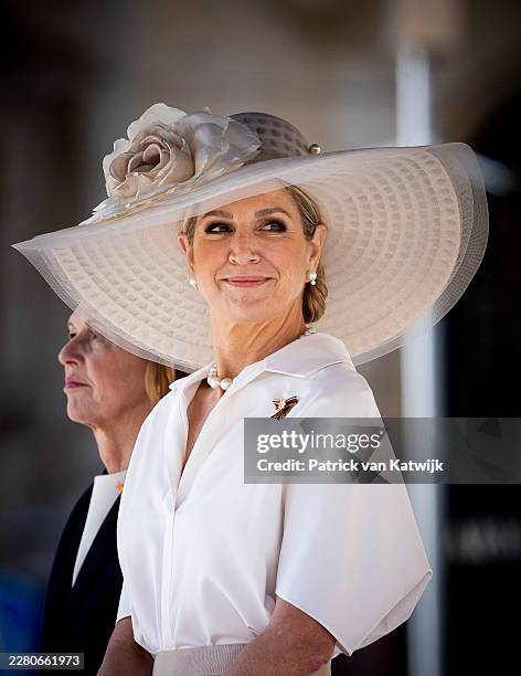 Queen Maxima of The Netherlands attends a welcome ceremony for President Frank-Walter Steinmeier of Germany and his wife Elke Büdenbender on the...