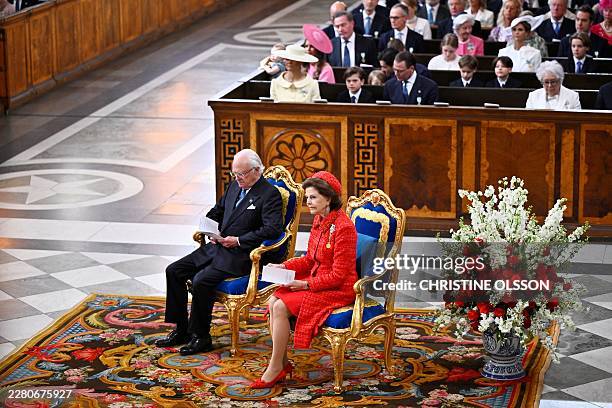 King Carl XVI Gustaf of Sweden and Queen Silvia of Sweden attend the Te Deum thanksgiving service marking the royal couple's golden wedding...
