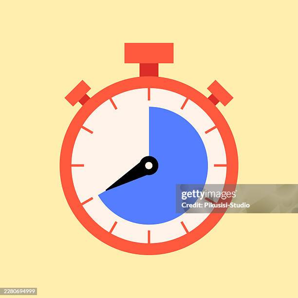 stopwatch flat icon with blue time segment on light yellow background - countdown timer stock illustrations