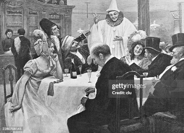 carnival party guests look toward a standing man in a tall hat while pierrot watches from behind — the dinner table becomes a small stage - after dinner speaker stock illustrations