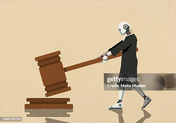 humanoid robot in judge's robe with large gavel against yellow background - legal occupation stock illustrations