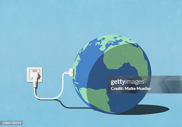 large globe plugged into electric outlet against blue background - plug socket stock illustrations