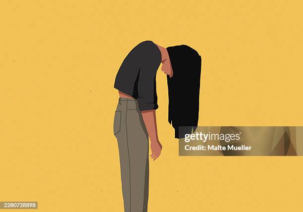 woman bent over with face obscured in her long hair against yellow background - low self esteem stock illustrations