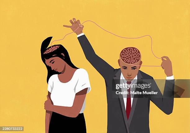 man pulling at string in his brain connected to woman's brain - pulling together stock illustrations