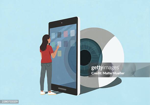 large eyeball watching woman using mobile apps on smart phone screen - looking at large screen stock illustrations