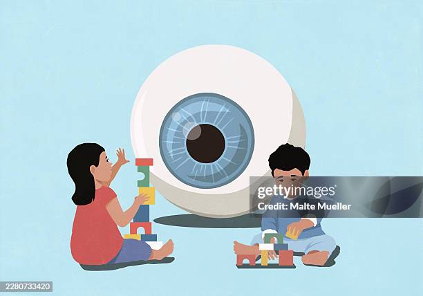 large eyeball watching toddlers playing - security vulnerability stock illustrations